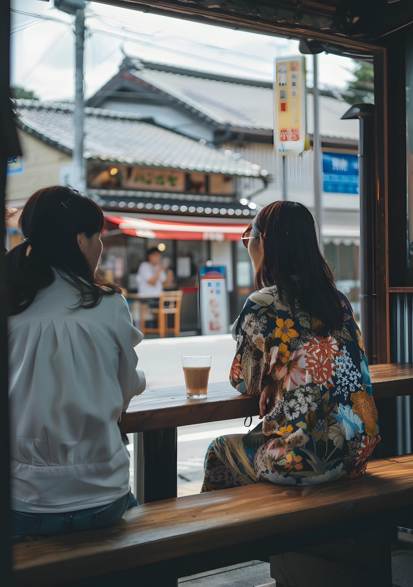 那覇の古い通りを見渡すカウンター席に座る二人の女性