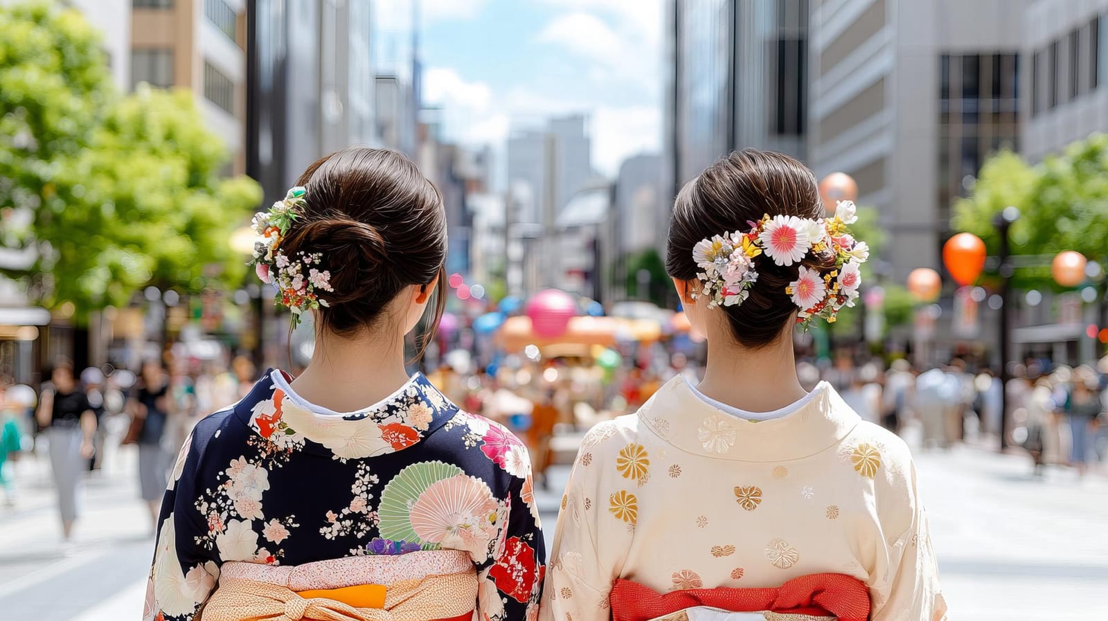 着物姿で賑やかな通りを歩く二人の女性の後ろ姿